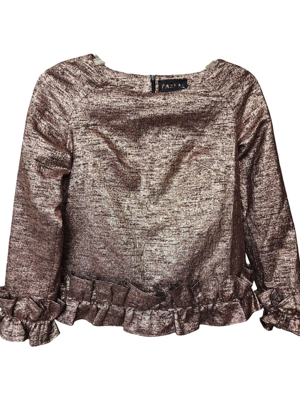 Paskal Ukraine Metallic Rose Gold Tweed Ruffle Peplum Top Blouse